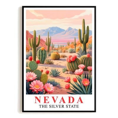 Nevada Print Travel Poster Desert Cactus Mountains Scenic State Souvenir Wall Art Landscape Painting Picture Ideal For Home Living Room Office Bedroom Decor Unframed | teecentury