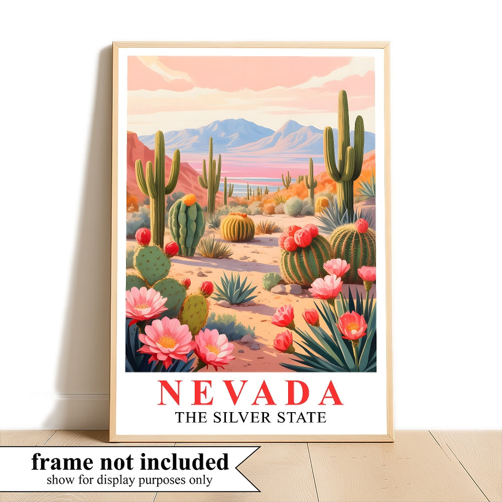 Nevada Print Travel Poster Desert Cactus Mountains Scenic State Souvenir Wall Art Landscape Painting Picture Ideal For Home Living Room Office Bedroom Decor Unframed | teecentury
