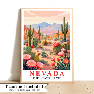 Nevada Print Travel Poster Desert Cactus Mountains Scenic State Souvenir Wall Art Landscape Painting Picture Ideal For Home Living Room Office Bedroom Decor Unframed | teecentury