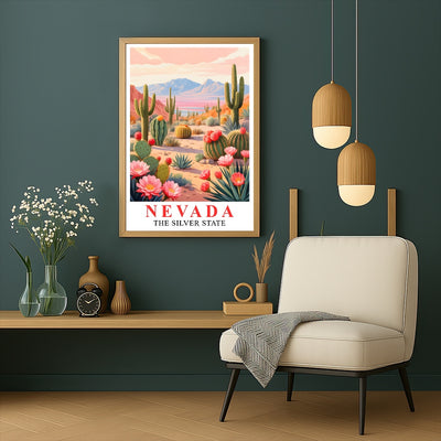 Nevada Print Travel Poster Desert Cactus Mountains Scenic State Souvenir Wall Art Landscape Painting Picture Ideal For Home Living Room Office Bedroom Decor Unframed | teecentury