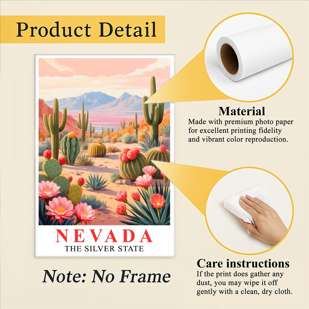 Nevada Print Travel Poster Desert Cactus Mountains Scenic State Souvenir Wall Art Landscape Painting Picture Ideal For Home Living Room Office Bedroom Decor Unframed | teecentury