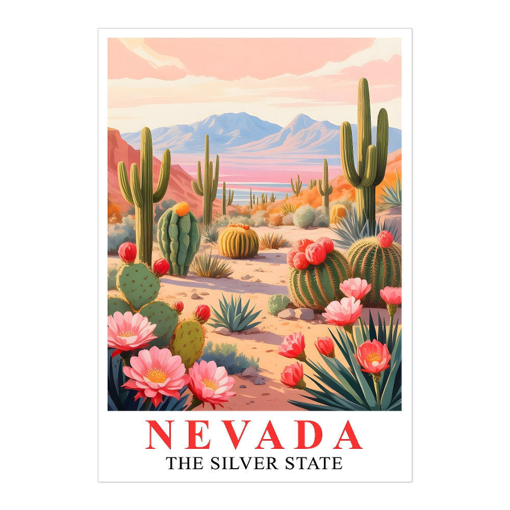 Nevada Print Travel Poster Desert Cactus Mountains Scenic State Souvenir Wall Art Landscape Painting Picture Ideal For Home Living Room Office Bedroom Decor Unframed | teecentury