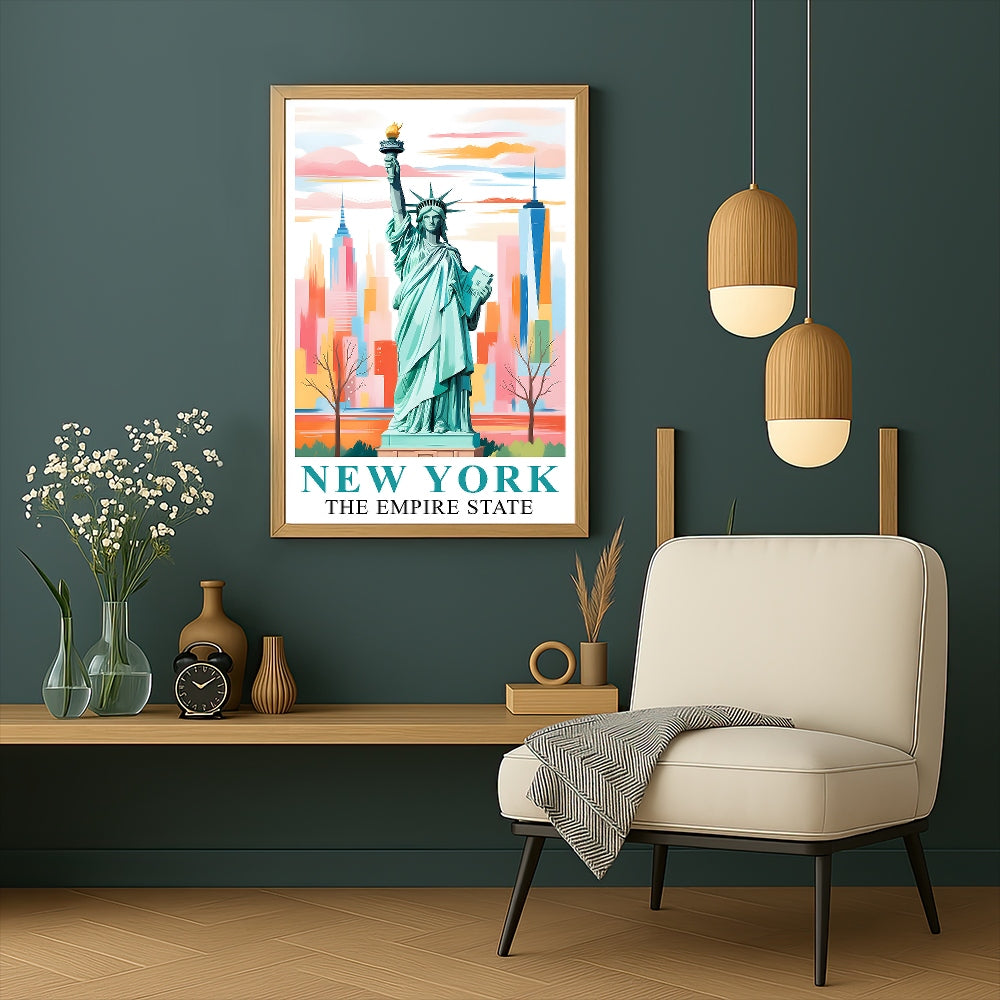 New York City Travel Print Poster Statue Of Liberty Empire State NY Souvenir Wall Art Landscape Painting Picture For Home Room Living Room Bedroom Decor Unframed | teecentury