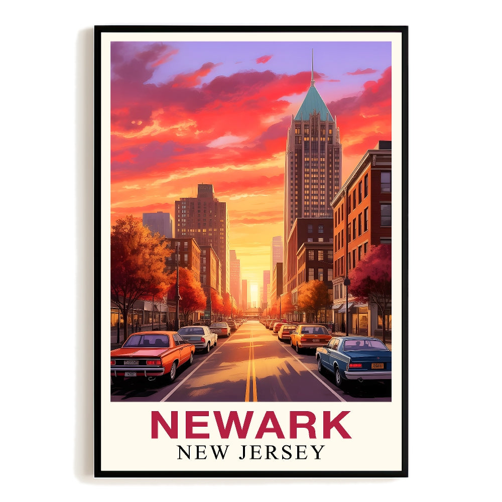 Newark New Jersey Print Vintage Travel Poster Sunset Vibrant Cityscape Souvenir Wall Art Landscape Painting Picture For Home Decor Living Room Office Bedroom Unframed | teecentury