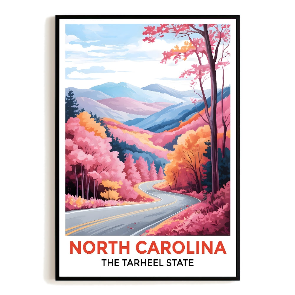 North Carolina Print Travel Poster Fall Colors Scenic Mountain Road Souvenir Wall Art Landscape Painting Picture For Home Room Living Room Office Bedroom Decor Unframed | teecentury