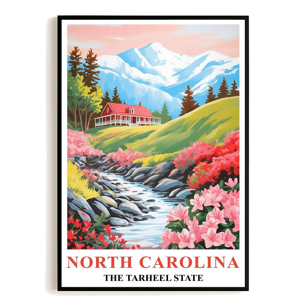 North Carolina Print Travel Poster Flowers Tarheel State Souvenir Wall Art Landscape Painting Picture Mountains For Home Room Living Room Office Bedroom Decor Unframed | teecentury