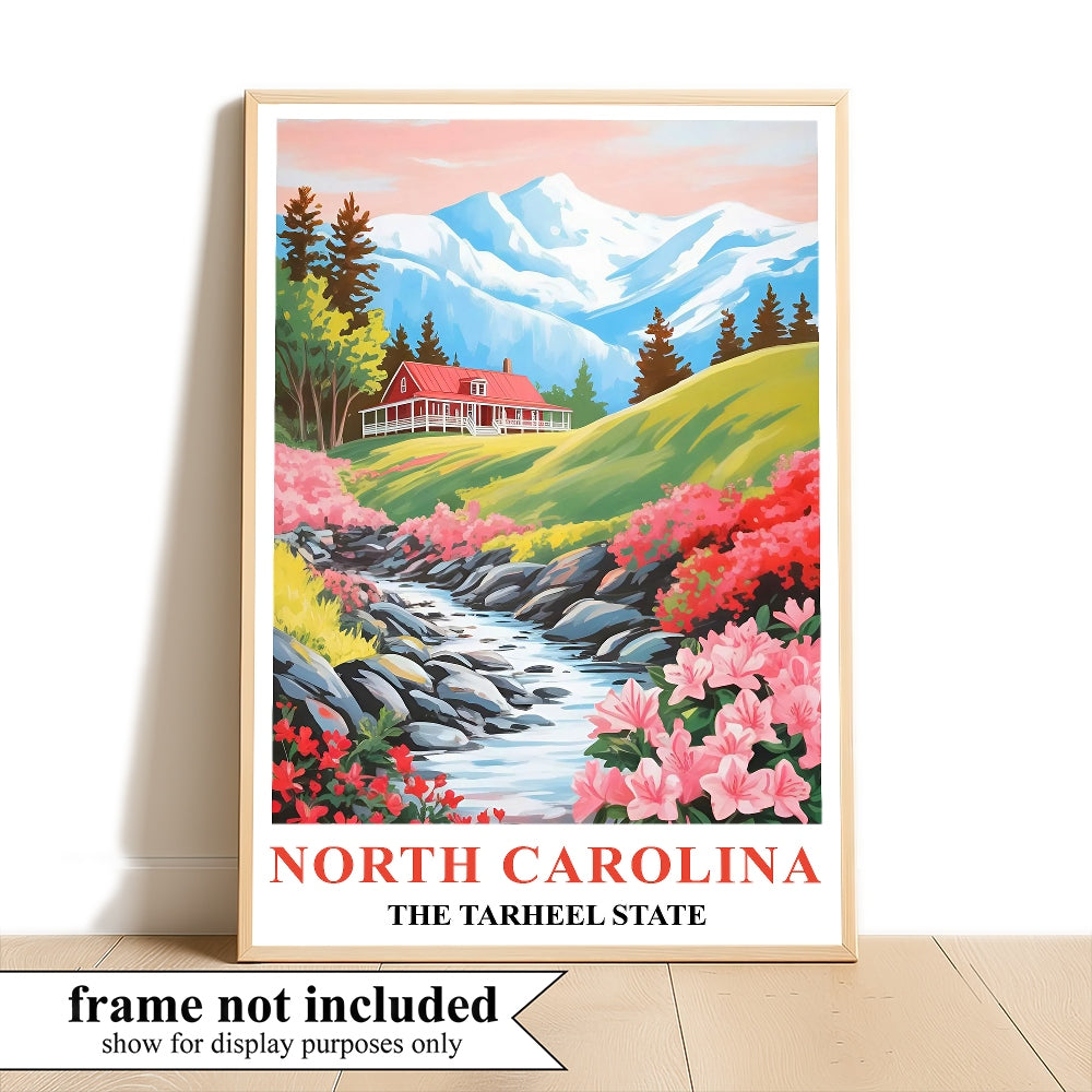 North Carolina Print Travel Poster Flowers Tarheel State Souvenir Wall Art Landscape Painting Picture Mountains For Home Room Living Room Office Bedroom Decor Unframed | teecentury