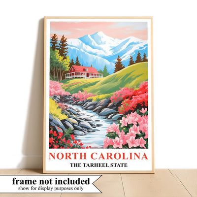 North Carolina Print Travel Poster Flowers Tarheel State Souvenir Wall Art Landscape Painting Picture Mountains For Home Room Living Room Office Bedroom Decor Unframed | teecentury