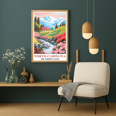 North Carolina Print Travel Poster Flowers Tarheel State Souvenir Wall Art Landscape Painting Picture Mountains For Home Room Living Room Office Bedroom Decor Unframed | teecentury