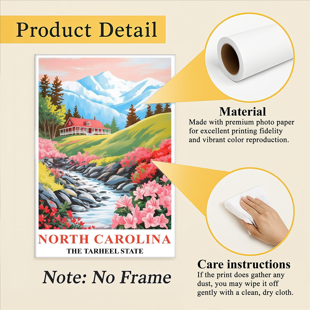 North Carolina Print Travel Poster Flowers Tarheel State Souvenir Wall Art Landscape Painting Picture Mountains For Home Room Living Room Office Bedroom Decor Unframed | teecentury