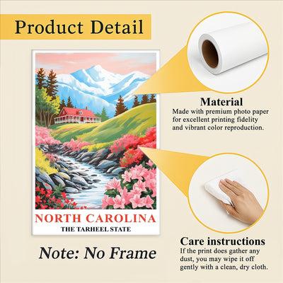 North Carolina Print Travel Poster Flowers Tarheel State Souvenir Wall Art Landscape Painting Picture Mountains For Home Room Living Room Office Bedroom Decor Unframed | teecentury