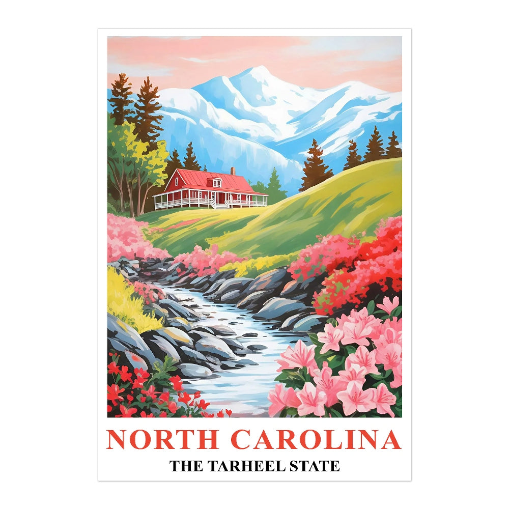 North Carolina Print Travel Poster Flowers Tarheel State Souvenir Wall Art Landscape Painting Picture Mountains For Home Room Living Room Office Bedroom Decor Unframed | teecentury