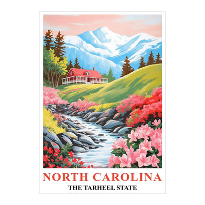 North Carolina Print Travel Poster Flowers Tarheel State Souvenir Wall Art Landscape Painting Picture Mountains For Home Room Living Room Office Bedroom Decor Unframed | teecentury