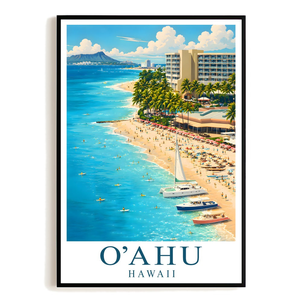 Oahu Hawaii Travel Poster Vintage Beach Scene Souvenir Wall Art Landscape Print Painting Picture For Home Living Room Office Bedroom Decor Unframed | teecentury