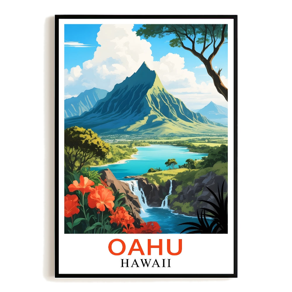 Oahu Hawaii Vintage Travel Poster Majestic Mountain Tropical Scenery Souvenir Wall Art Landscape Print Picture Ideal For Home Living Room Office Bedroom Decor Unframed | teecentury