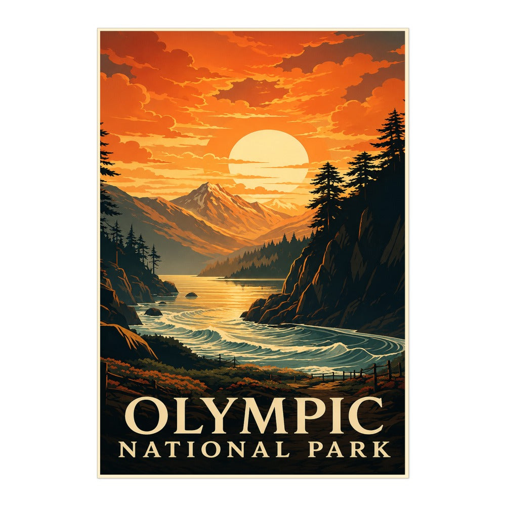 Olympic Mountains Sunset Travel Poster Pacific Northwest Wilderness Souvenir Gift Landscape Wall Art Decor For Home Living Room Office Bedroom Kitchen Unframed | teecentury