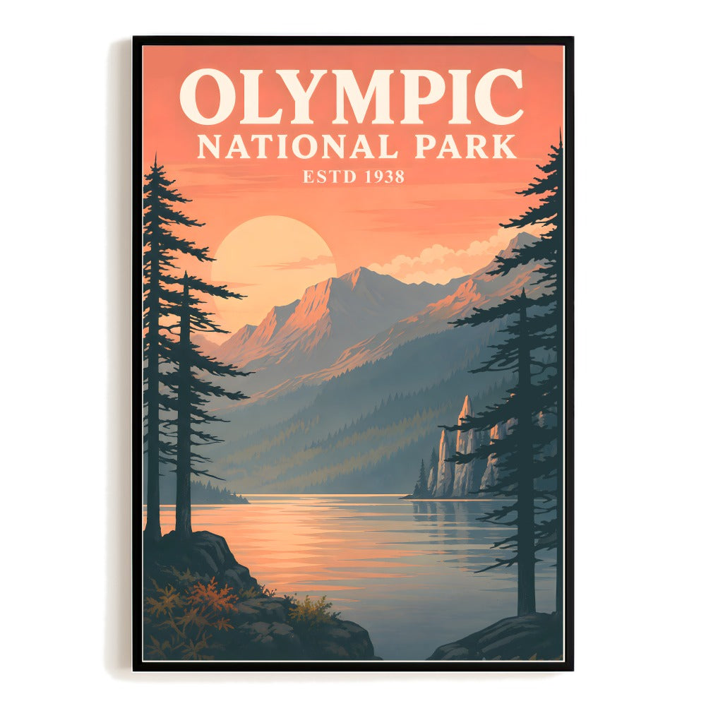Olympic National Park Vintage Travel Poster Gift Sunset Mountain Lake Landscape Painting Wall Art Decor For Home Living Room Office Bedroom Souvenir Unframed | teecentury