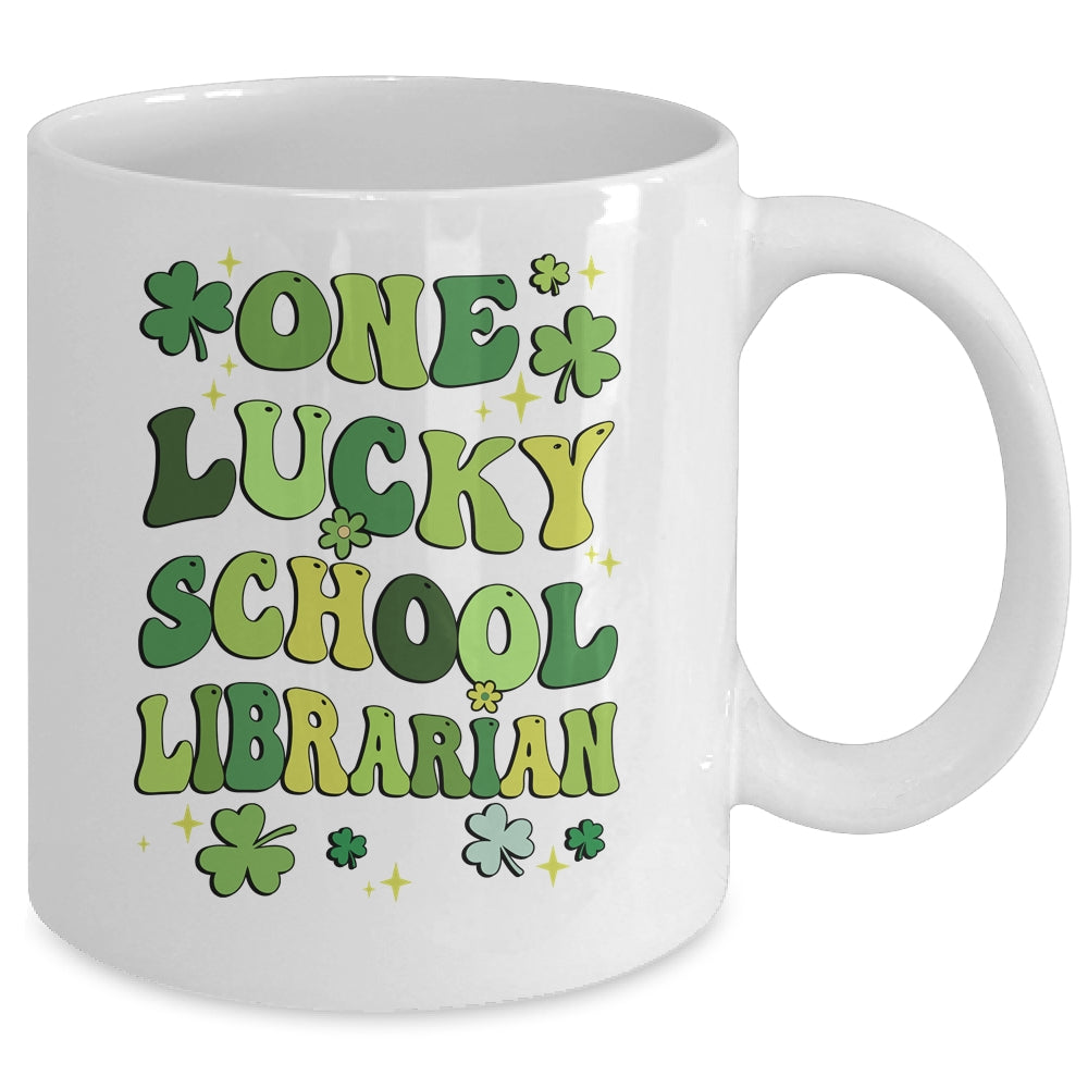 One Lucky School Librarian St Patricks Day Groovy Retro Shamrock Mug | teecentury