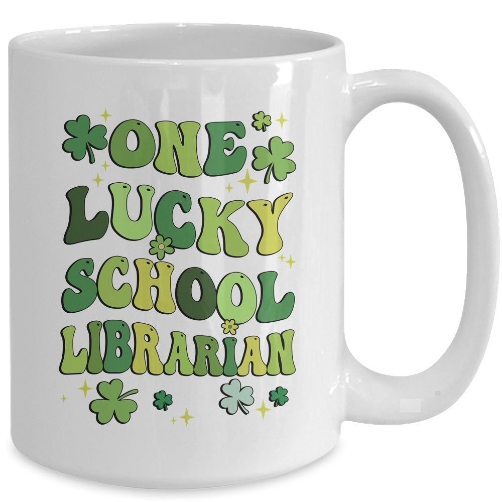 One Lucky School Librarian St Patricks Day Groovy Retro Shamrock Mug | teecentury