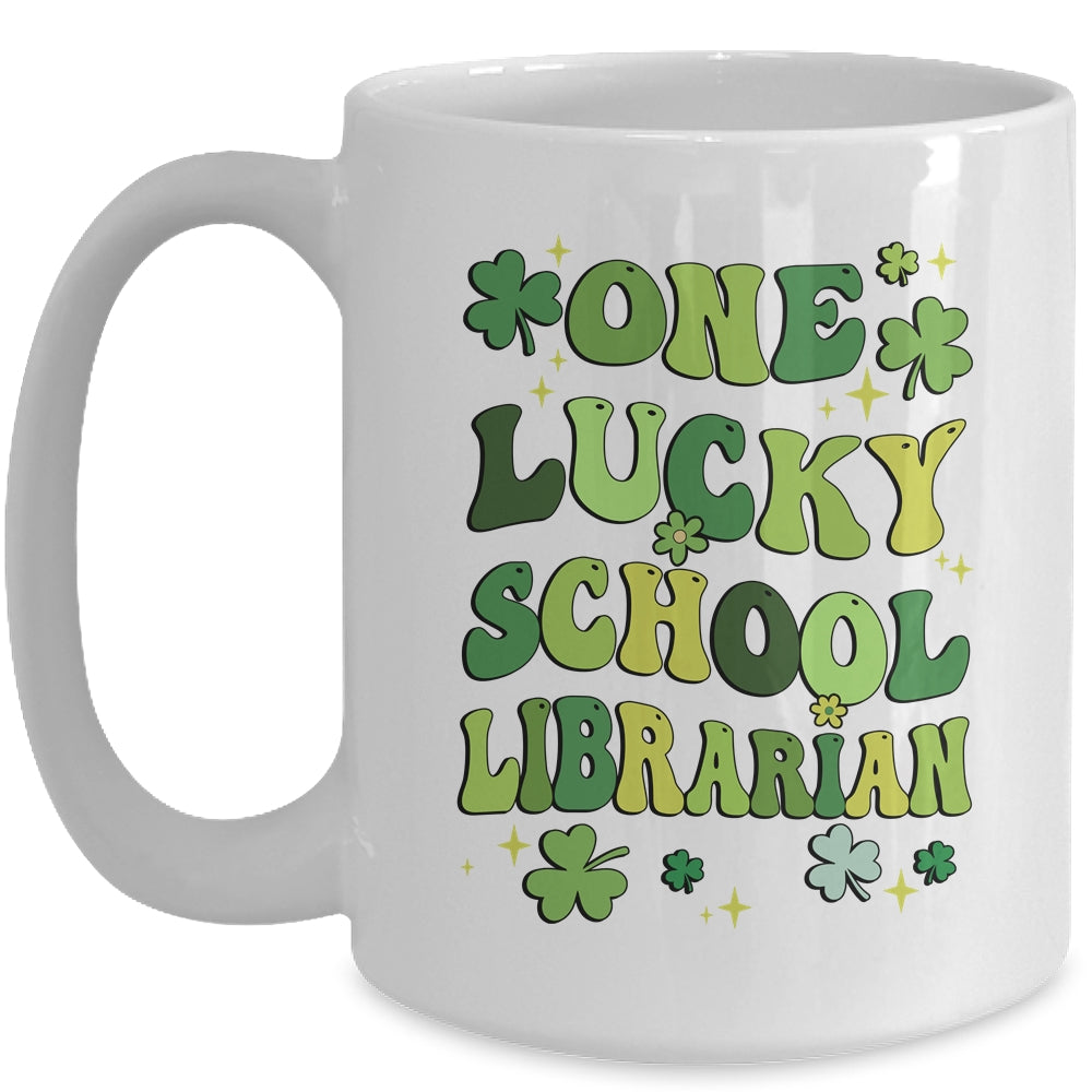 One Lucky School Librarian St Patricks Day Groovy Retro Shamrock Mug | teecentury