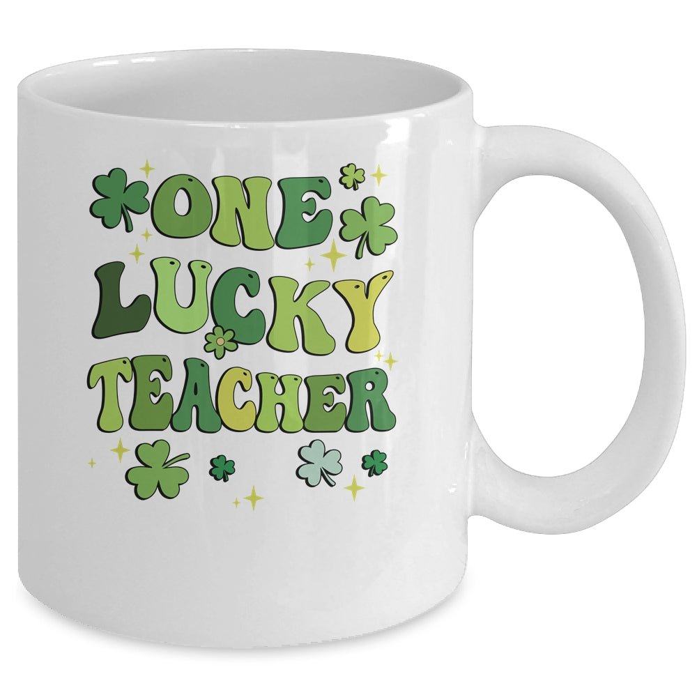 One Lucky Teacher St Patricks Day Groovy Retro Shamrock Mug | teecentury