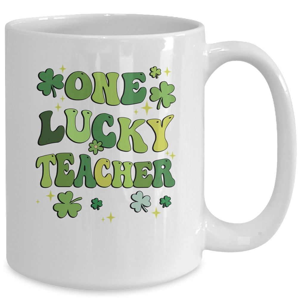 One Lucky Teacher St Patricks Day Groovy Retro Shamrock Mug | teecentury