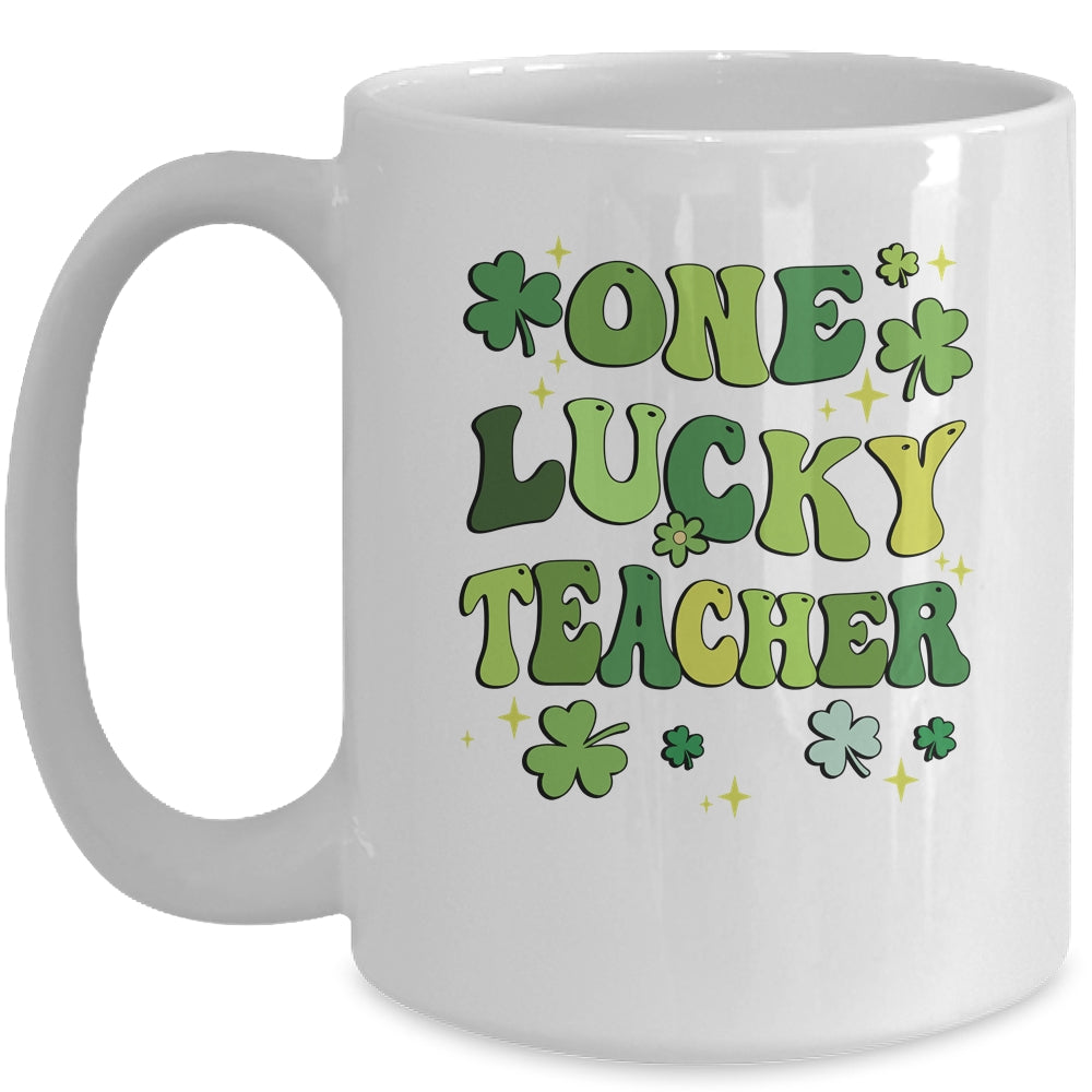 One Lucky Teacher St Patricks Day Groovy Retro Shamrock Mug | teecentury