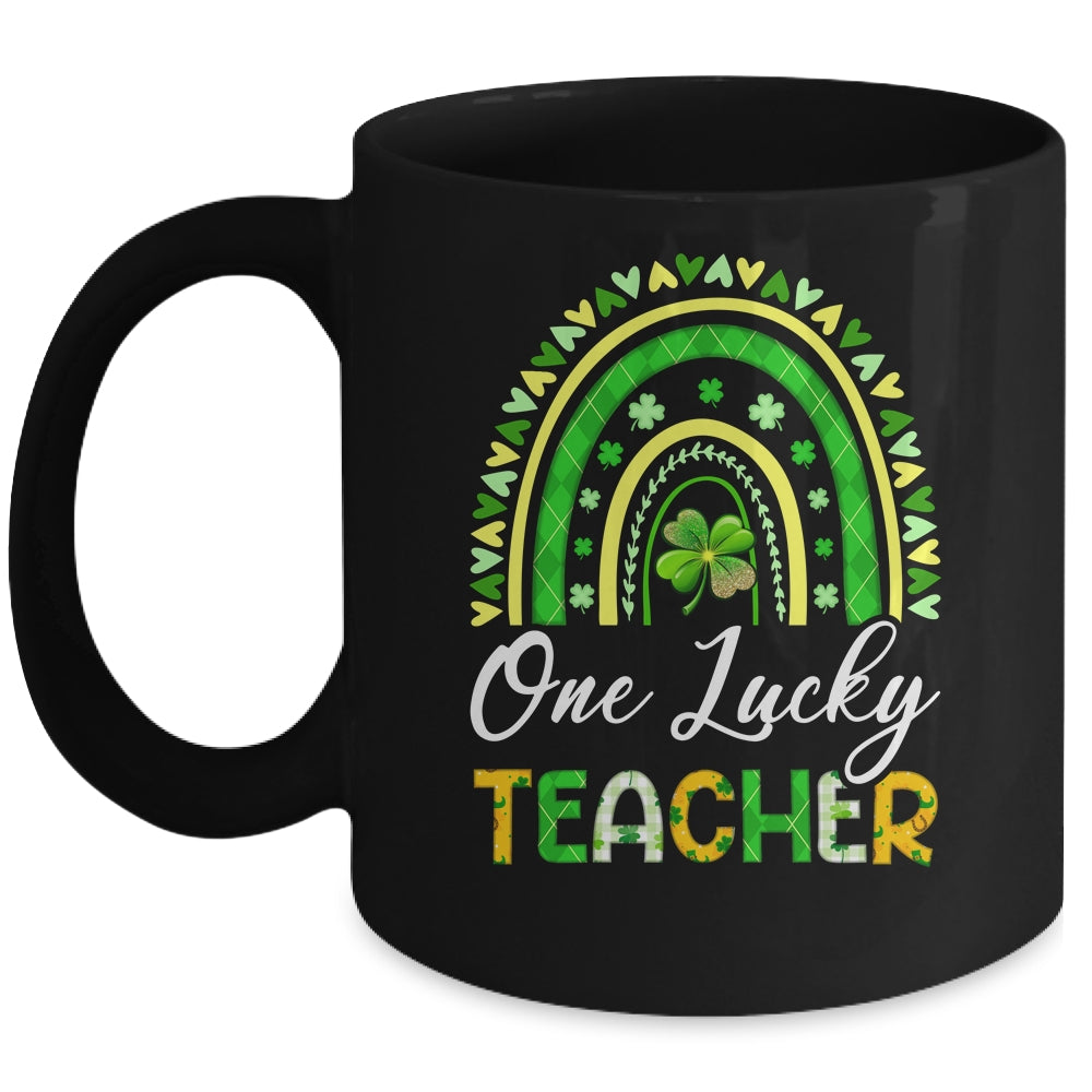 One Lucky Teacher St Patricks Day Rainbow Leopard Shamrock Mug | teecentury