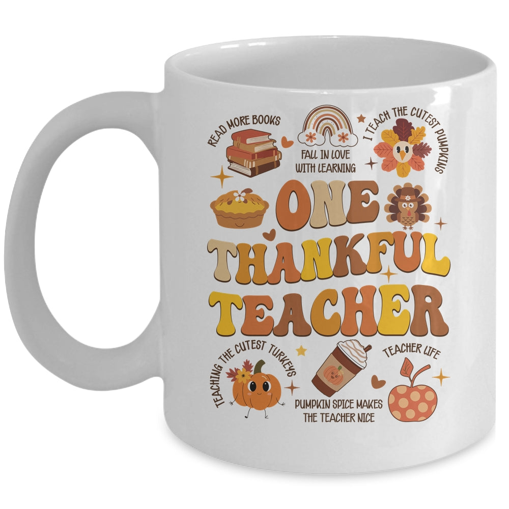 One Thankful Teacher Thanksgiving Retro Groovy Fall Teachers Mug | teecentury