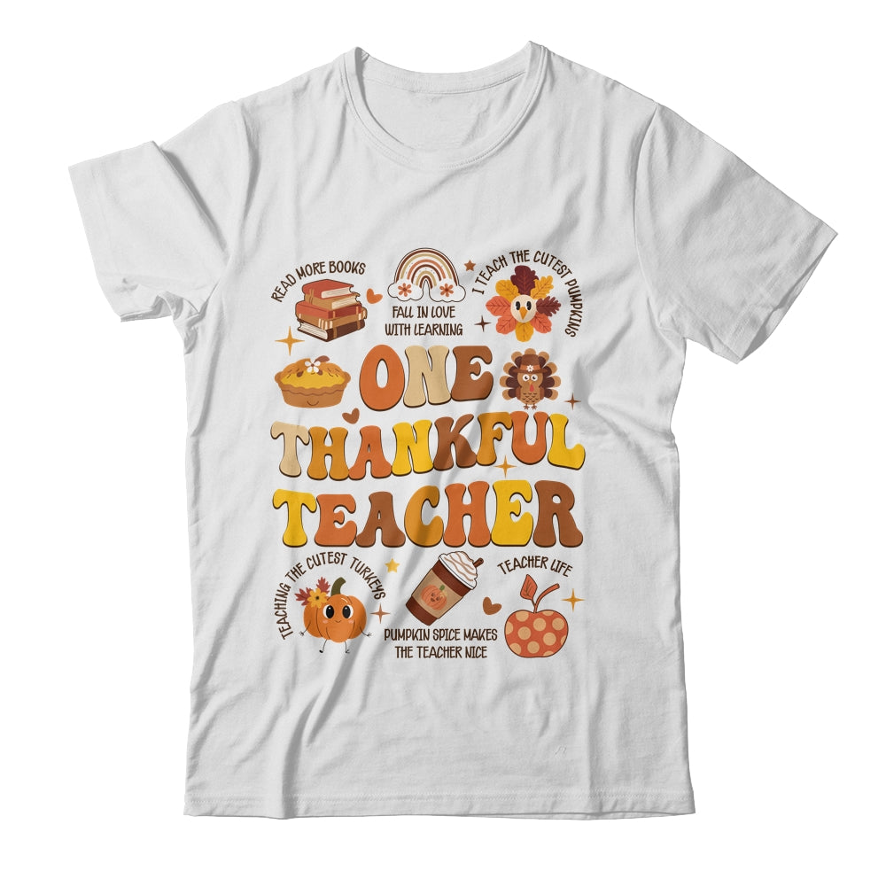 One Thankful Teacher Thanksgiving Retro Groovy Fall Teachers Shirt & Sweatshirt | teecentury