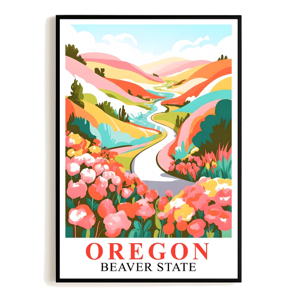 Oregon Print Travel Poster Floral Mountains River Beaver State Souvenir Wall Art Landscape Painting Ideal Gift For Home Living Room Office Bedroom Decor Unframed | teecentury