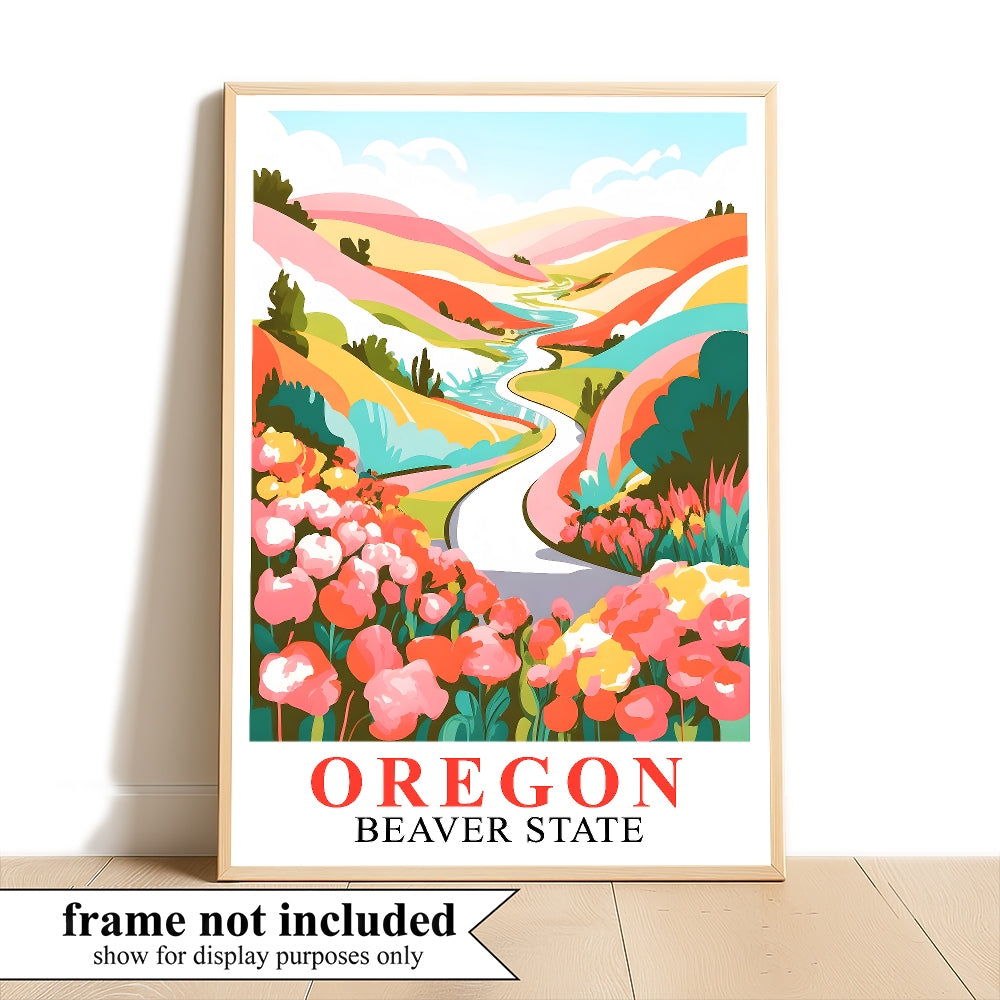 Oregon Print Travel Poster Floral Mountains River Beaver State Souvenir Wall Art Landscape Painting Ideal Gift For Home Living Room Office Bedroom Decor Unframed | teecentury