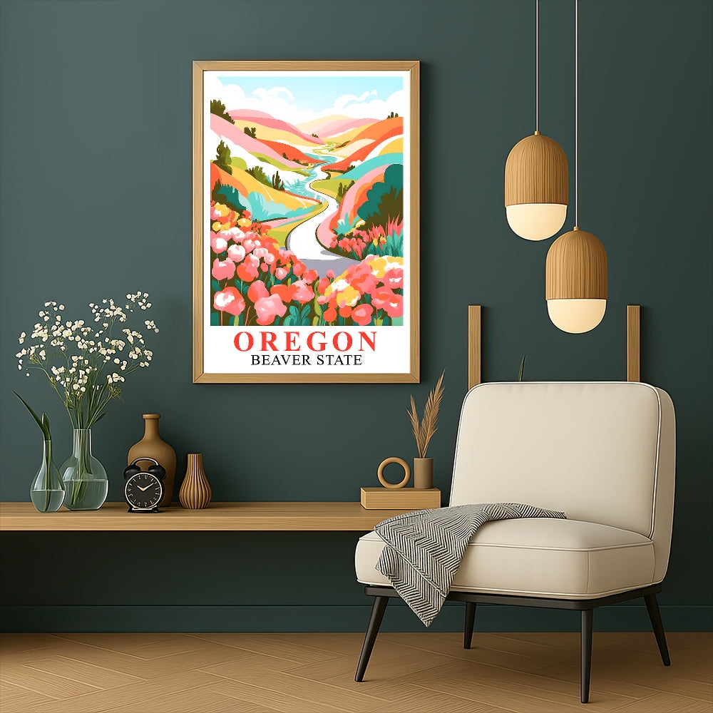 Oregon Print Travel Poster Floral Mountains River Beaver State Souvenir Wall Art Landscape Painting Ideal Gift For Home Living Room Office Bedroom Decor Unframed | teecentury