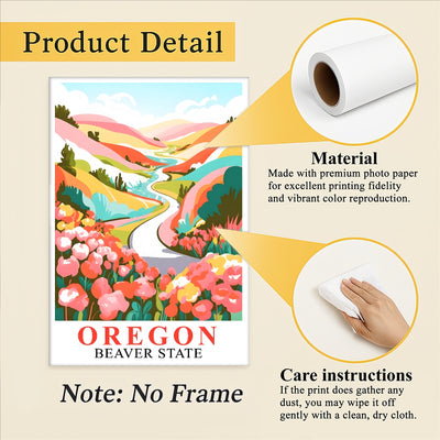 Oregon Print Travel Poster Floral Mountains River Beaver State Souvenir Wall Art Landscape Painting Ideal Gift For Home Living Room Office Bedroom Decor Unframed | teecentury