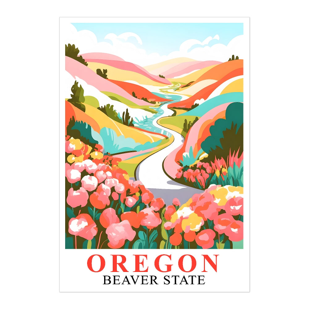 Oregon Print Travel Poster Floral Mountains River Beaver State Souvenir Wall Art Landscape Painting Ideal Gift For Home Living Room Office Bedroom Decor Unframed | teecentury