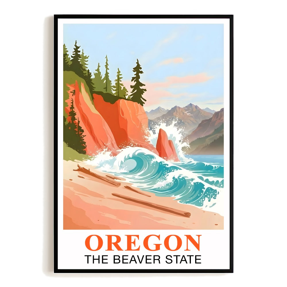 Oregon Travel Print Coastal Ocean Pink Orange Wall Art Retro Poster Beaver State Souvenir Beach Painting Picture Ideal For Home Office Living Room Bedroom Decor Unframed | teecentury