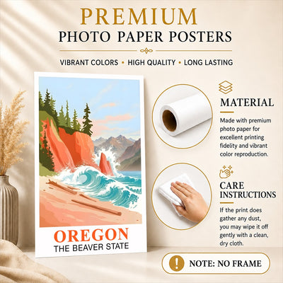 Oregon Travel Print Coastal Ocean Pink Orange Wall Art Retro Poster Beaver State Souvenir Beach Painting Picture Ideal For Home Office Living Room Bedroom Decor Unframed | teecentury