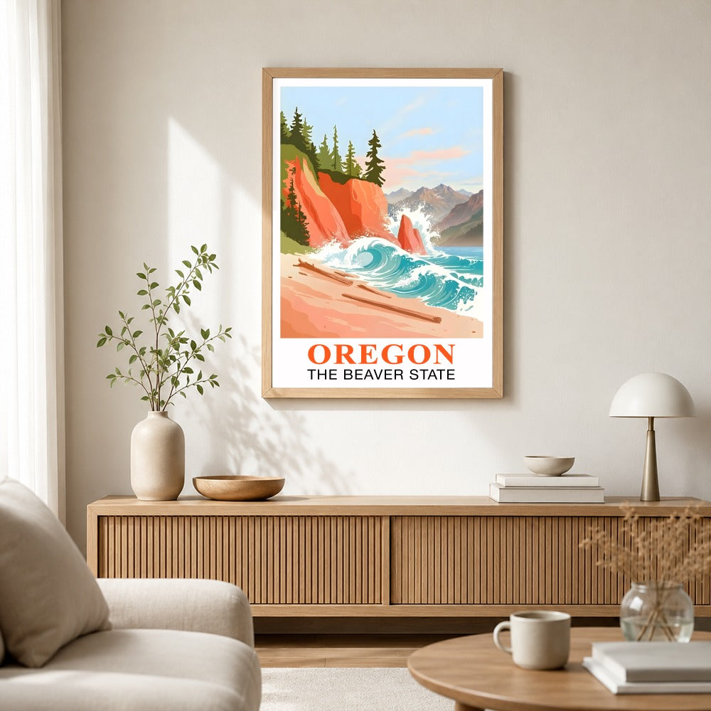 Oregon Travel Print Coastal Ocean Pink Orange Wall Art Retro Poster Beaver State Souvenir Beach Painting Picture Ideal For Home Office Living Room Bedroom Decor Unframed | teecentury