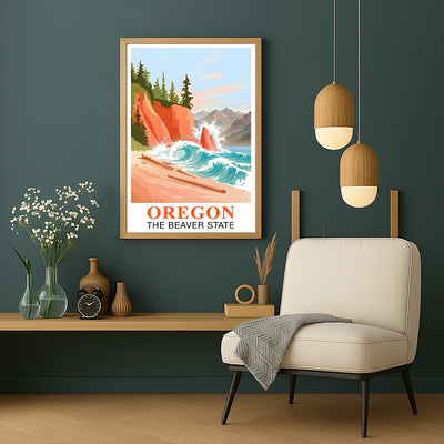 Oregon Travel Print Coastal Ocean Pink Orange Wall Art Retro Poster Beaver State Souvenir Beach Painting Picture Ideal For Home Office Living Room Bedroom Decor Unframed | teecentury