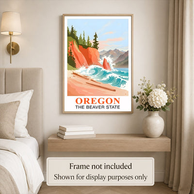 Oregon Travel Print Coastal Ocean Pink Orange Wall Art Retro Poster Beaver State Souvenir Beach Painting Picture Ideal For Home Office Living Room Bedroom Decor Unframed | teecentury