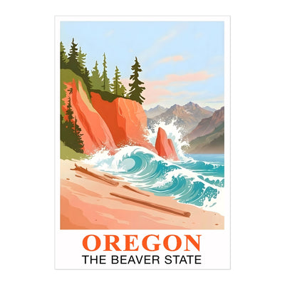 Oregon Travel Print Coastal Ocean Pink Orange Wall Art Retro Poster Beaver State Souvenir Beach Painting Picture Ideal For Home Office Living Room Bedroom Decor Unframed | teecentury