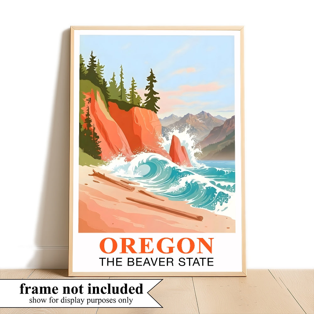 Oregon Travel Print Coastal Ocean Pink Orange Wall Art Retro Poster Beaver State Souvenir Beach Painting Picture Ideal For Home Office Living Room Bedroom Decor Unframed | teecentury