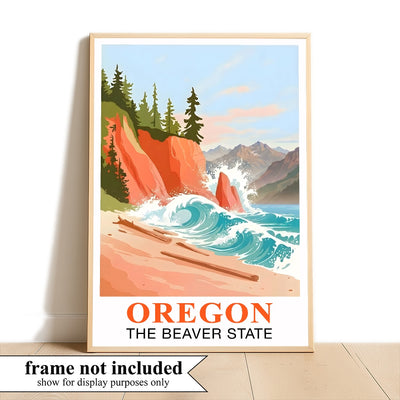 Oregon Travel Print Coastal Ocean Pink Orange Wall Art Retro Poster Beaver State Souvenir Beach Painting Picture Ideal For Home Office Living Room Bedroom Decor Unframed | teecentury