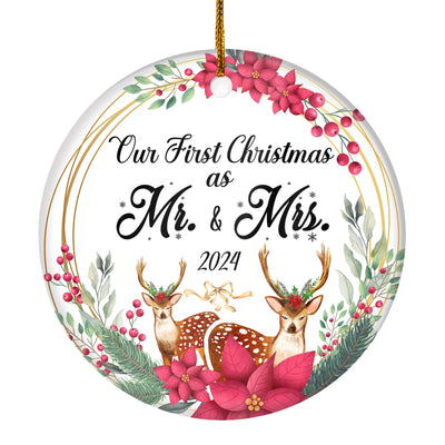 Our First Christmas As Mr And Mrs 2022 Deer Christmas For Wedding Newlywed Couple (15) Christmas Tree Ornament Ornament | Teecentury.com