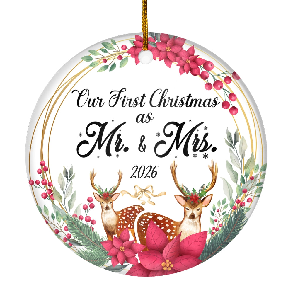Our First Christmas As Mr And Mrs 2025 Deer For Wedding Newlywed Couple (15) Christmas Tree Ornament | teecentury