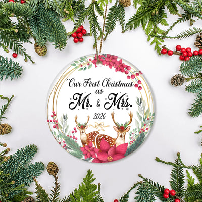 Our First Christmas As Mr And Mrs 2025 Deer For Wedding Newlywed Couple (15) Christmas Tree Ornament | teecentury