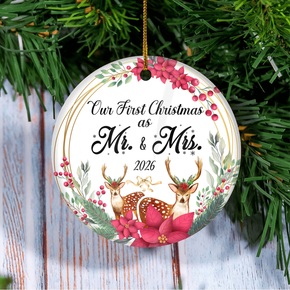 Our First Christmas As Mr And Mrs 2025 Deer For Wedding Newlywed Couple (15) Christmas Tree Ornament | teecentury