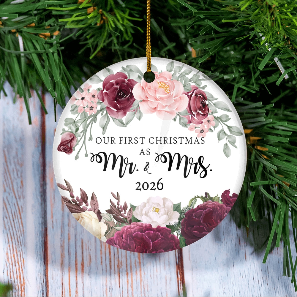 Our First Christmas As Mr And Mrs 2025 Flower For Wedding Newlywed Couple (11) 2025 Christmas Tree Ornament | teecentury