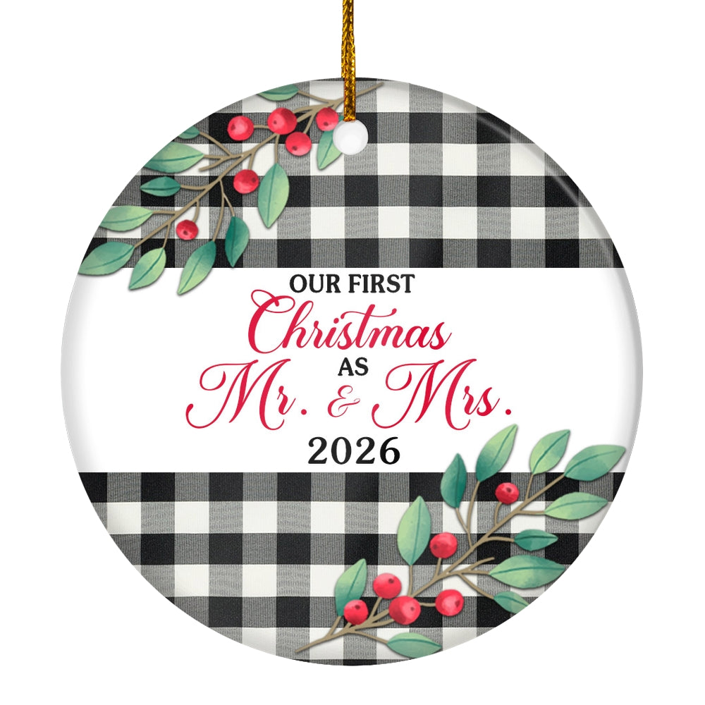 Our First Christmas As Mr And Mrs 2025 For Black White Buffalo Plaid Wedding Newlywed Couple (20) Christmas Tree Ornament | teecentury
