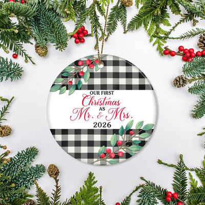 Our First Christmas As Mr And Mrs 2025 For Black White Buffalo Plaid Wedding Newlywed Couple (20) Christmas Tree Ornament | teecentury
